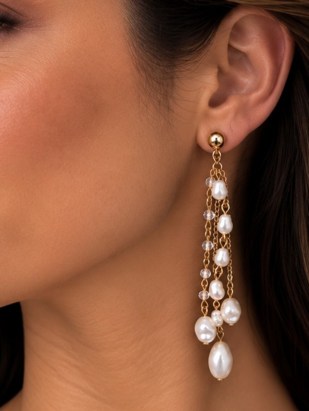 💎 Gold Tone Faux Pearl Crystal Cascade Long Dangle Statement Earrings